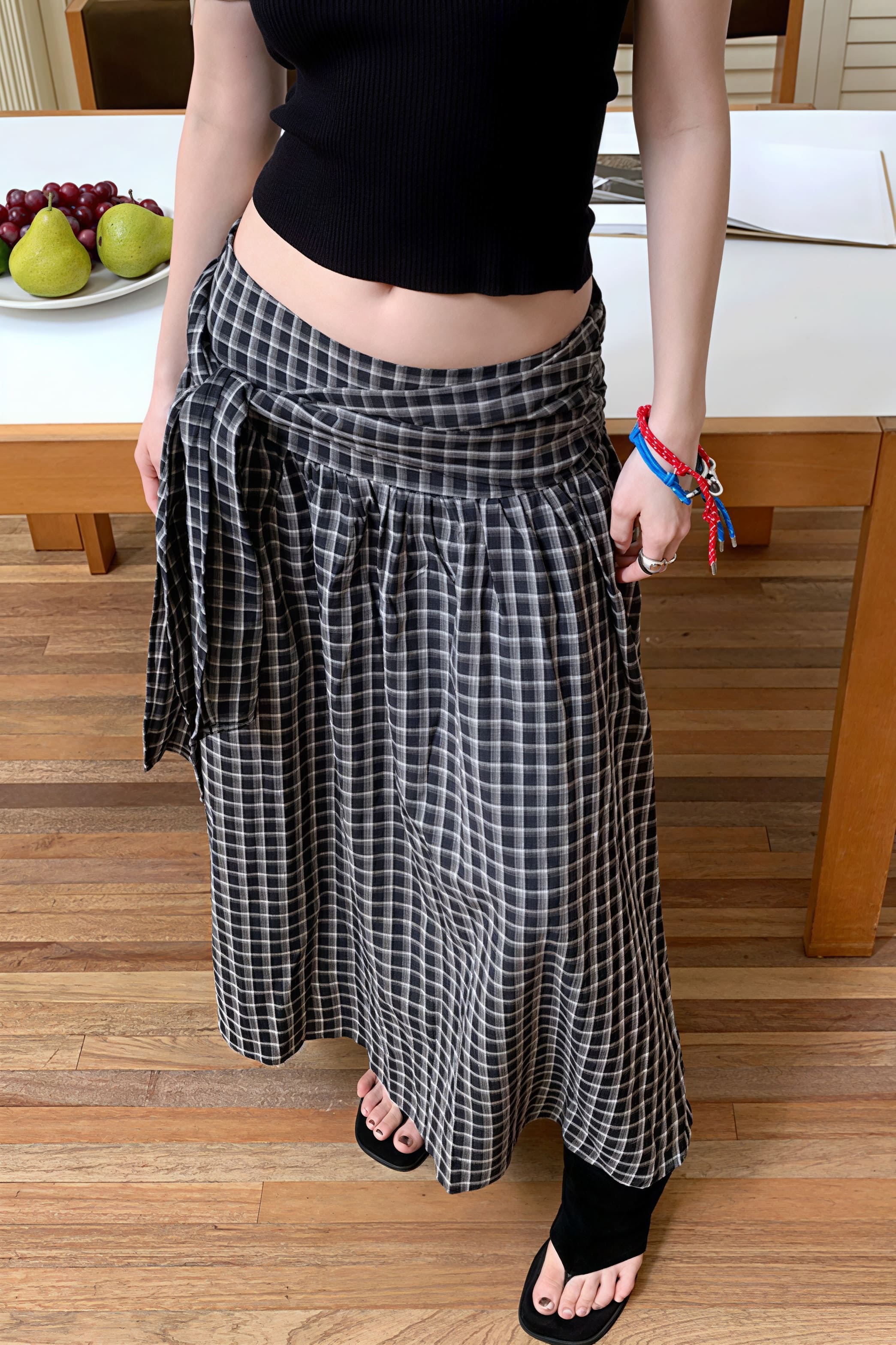 Color Block Plaid Tie Side Zip Loose Skirt
