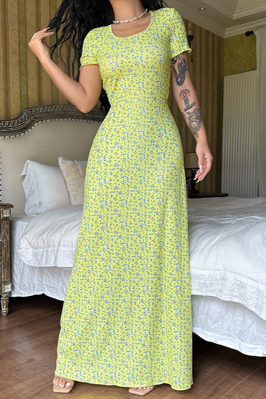 Short Sleeve U Neck Back Strap Floral Dress