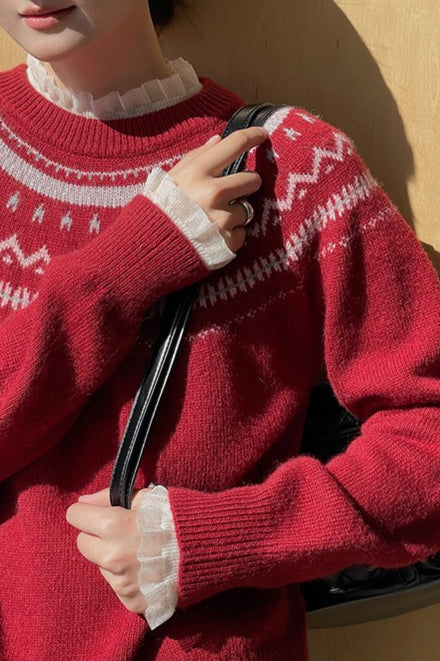 Pullover mit Fair-Isle-Muster, locker geschnitten, Rundhalsausschnitt, Farbblock, schlicht