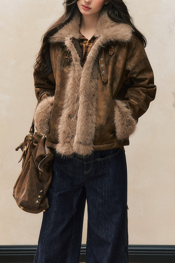 Brauner Mantel aus Wollmischung mit Kunstpelzbesatz