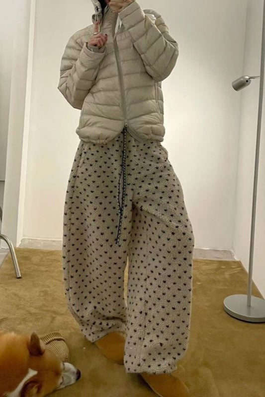 Warm Thickened Polka Dot Fleece Drawcord Pants