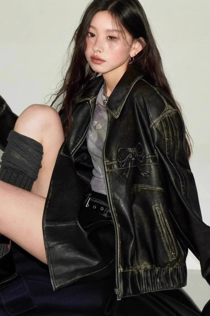 Bow Decor Faux Leather Moto Jacket
