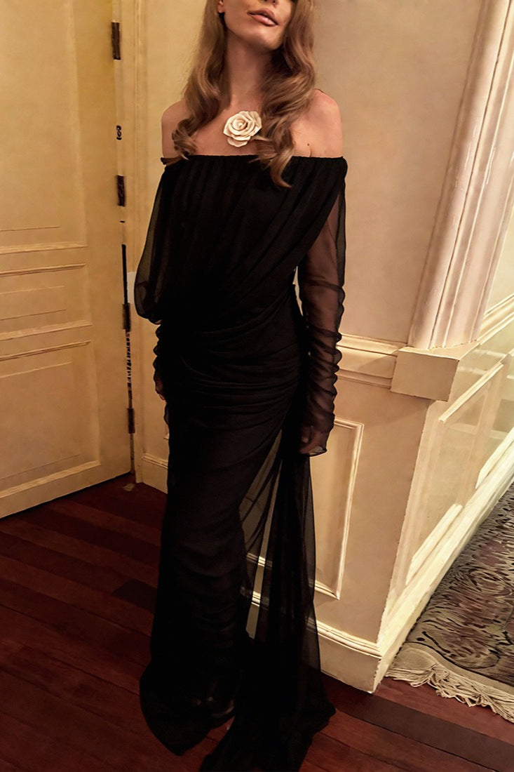 Solides Netz Durchscheinendes Schulterfreies Kleid mit Raffung Elegantes Maxikleid