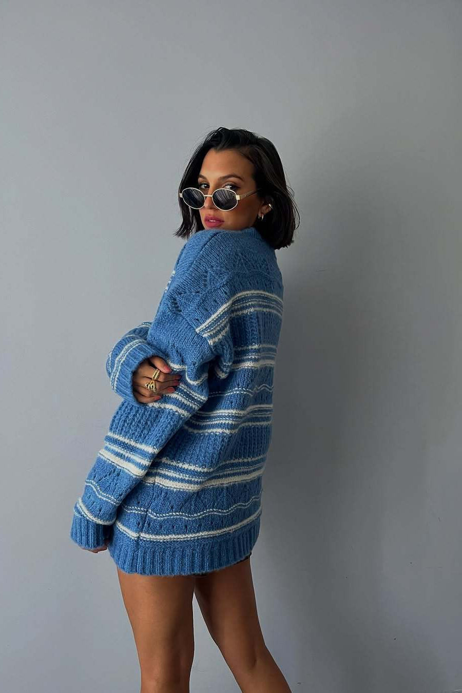 Thick Striped Knit Vintage Crew Neck Sweater