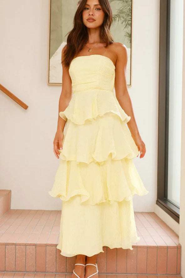 Fashion Strapless Backless Ruffle Tiered Midi Dress