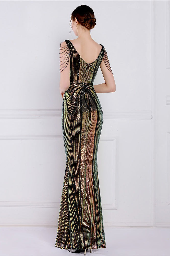 Vestido de fiesta sirena con lentejuelas y flores de cuentas