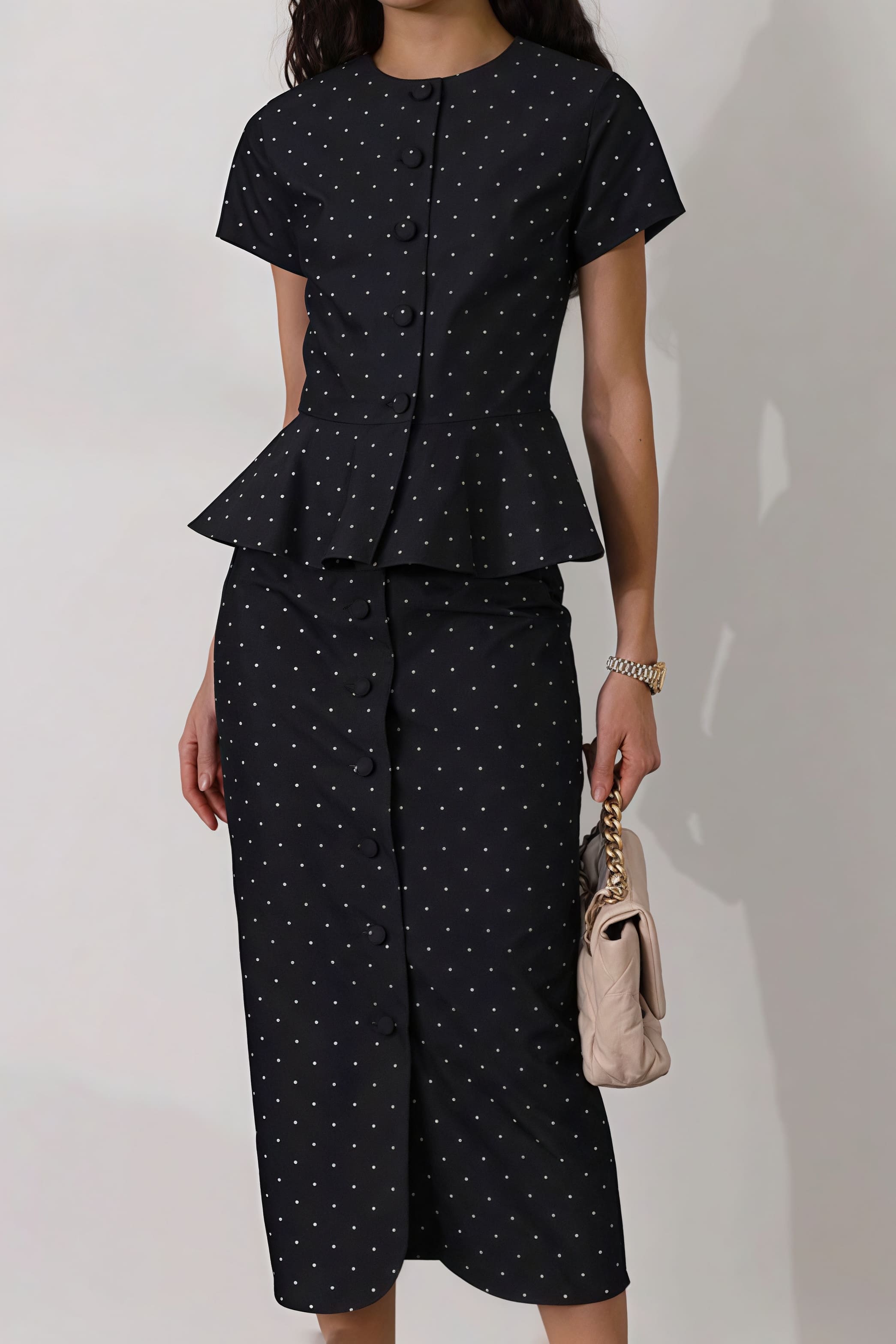 Polka Dot Print Short Sleeve Bodycon Skirt Set