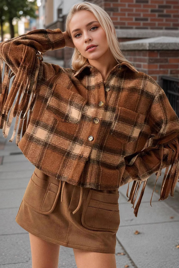 Plaid Fringe Wool Crop Coat