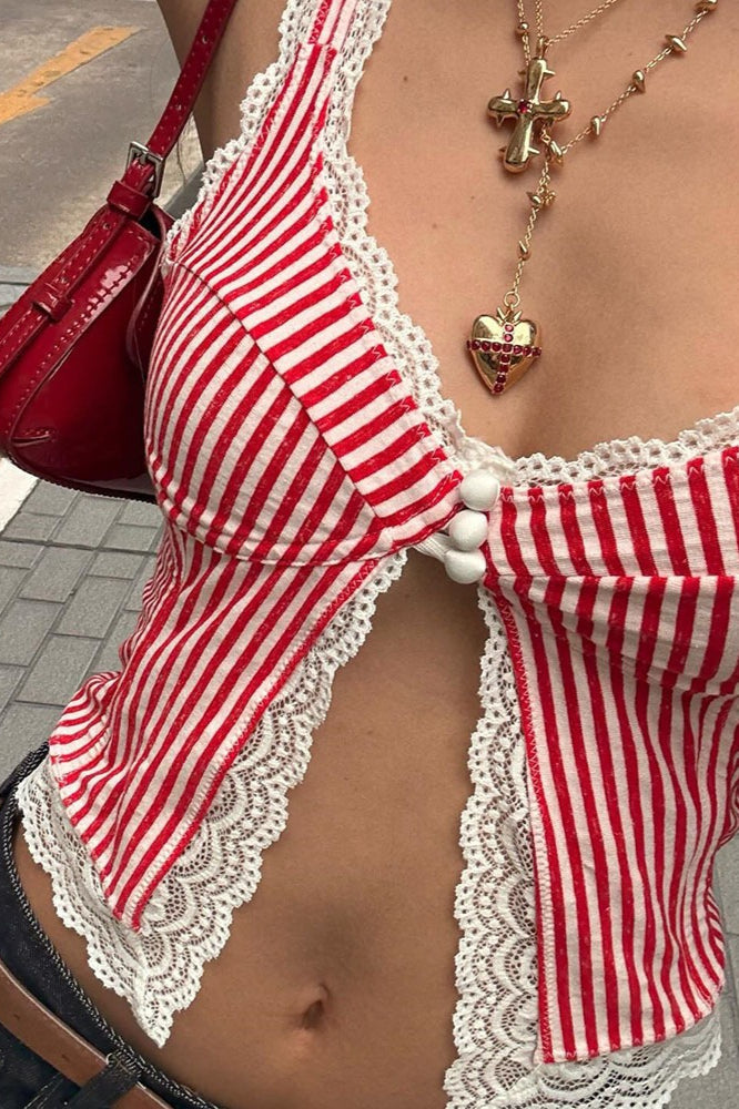 Sexy Ruffled Stripe Lace Tank Top