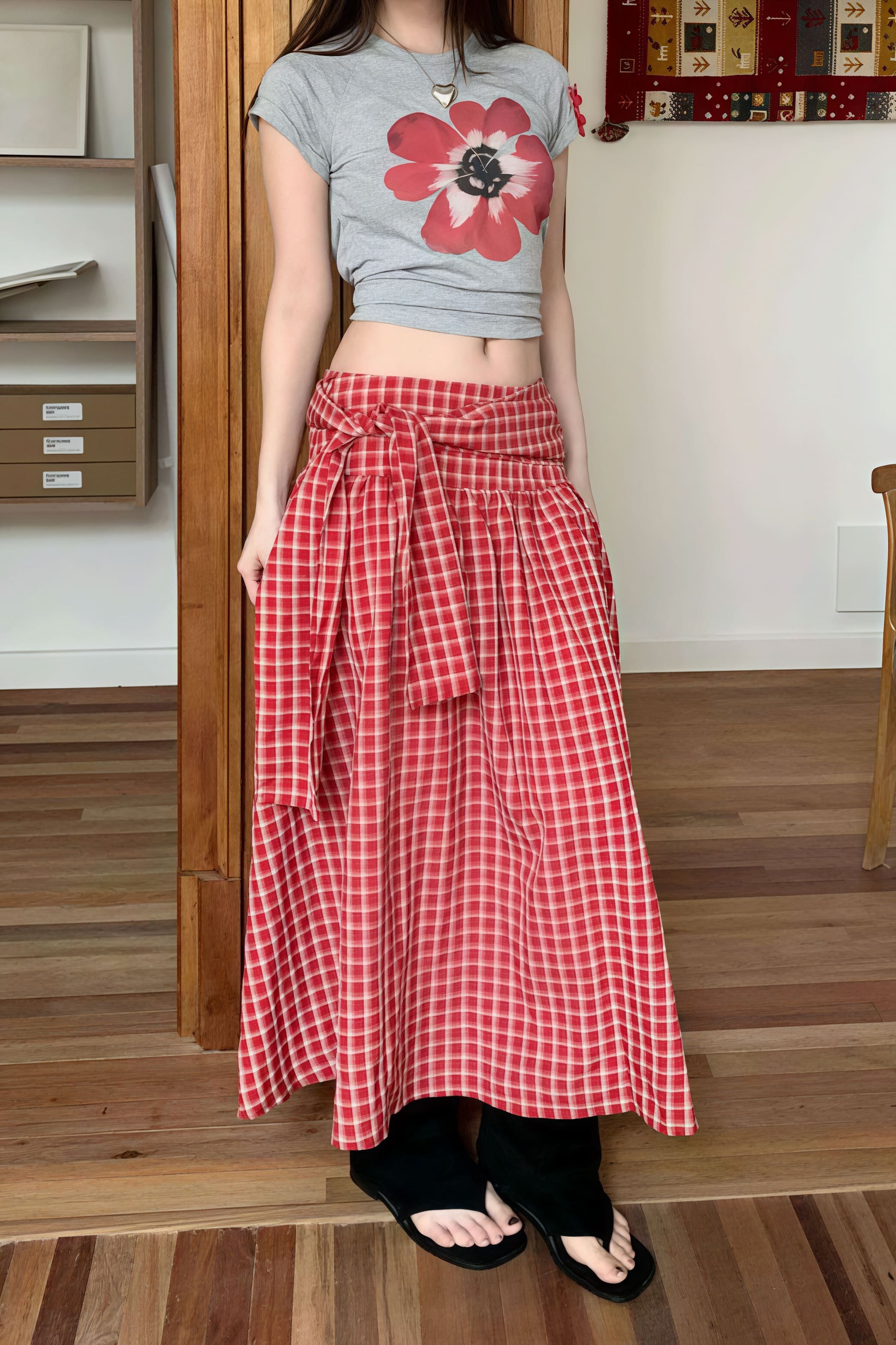 Farbblock Karo Rock mit seitlichem Reißverschluss und weitem Schnitt