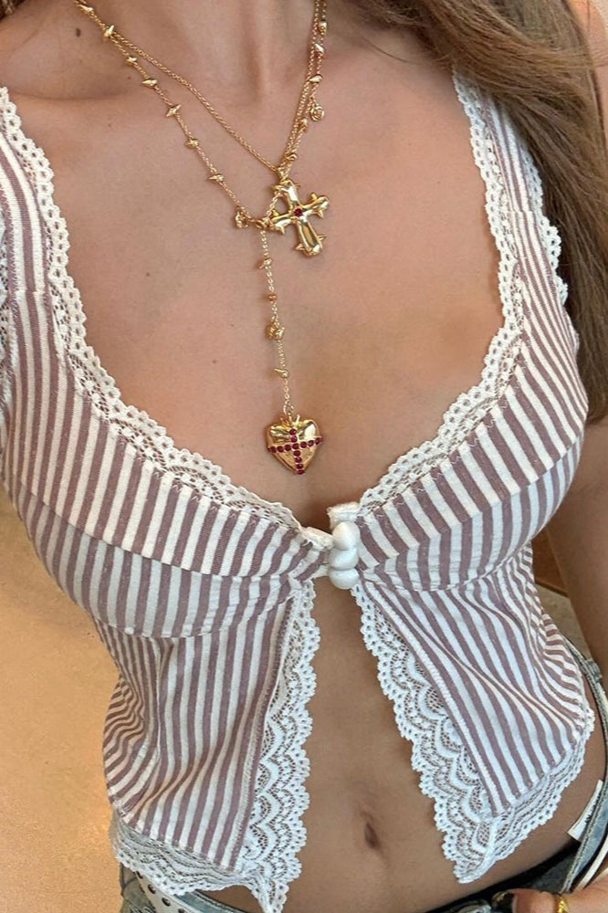 Sexy Ruffled Stripe Lace Tank Top