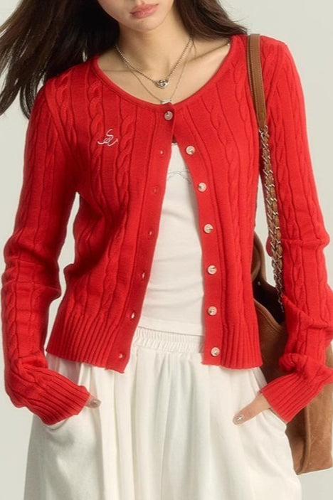 Maroon Cable Cropped Knit Cardigan