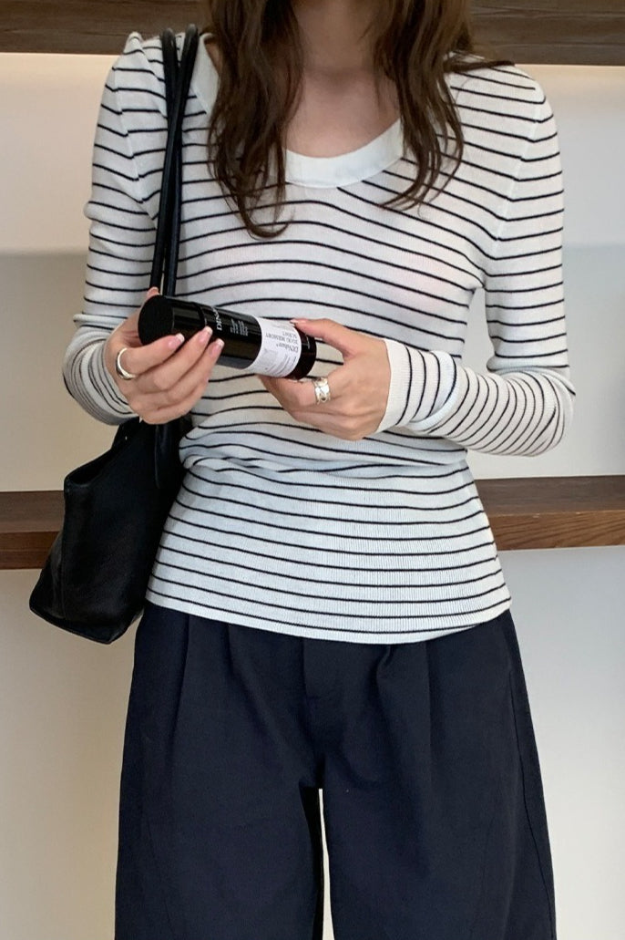 Wool Striped Round Neck Knit Top