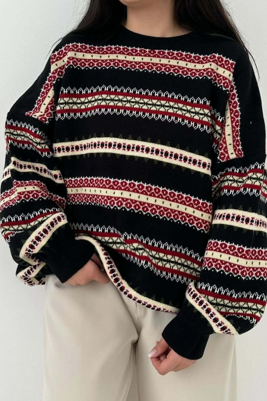Fair Isle Jacquard Stripe Color Block Knit Sweater