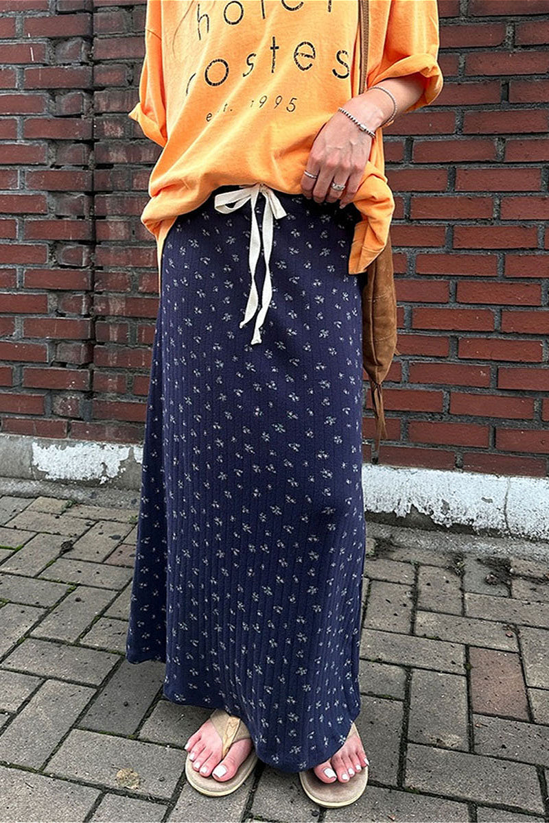 Drawstring Floral Print Navy Casual Skirt