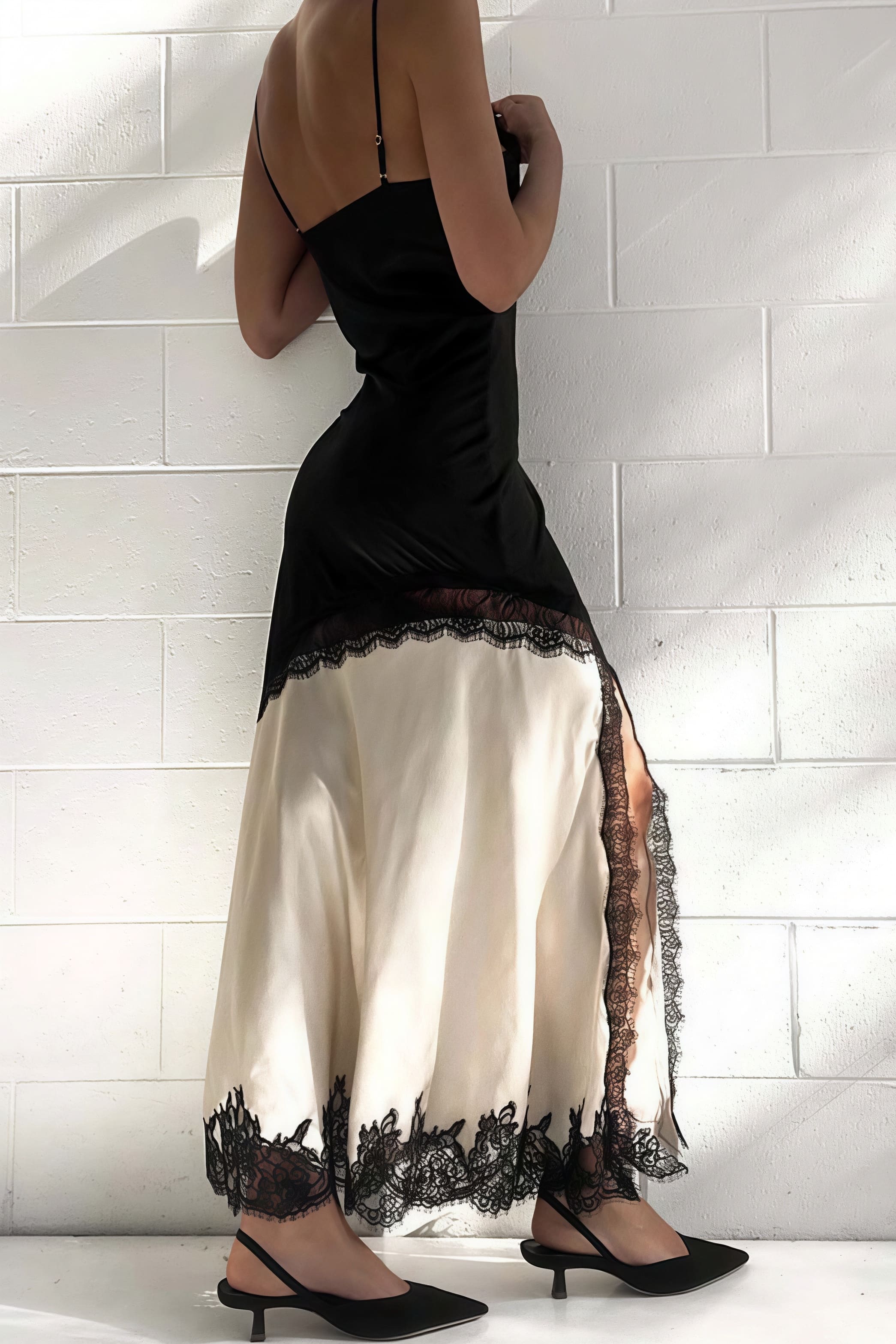 Lace Ruffled Patchwork Asymmetrical Spaghetti Strap Slit Maxi Dress