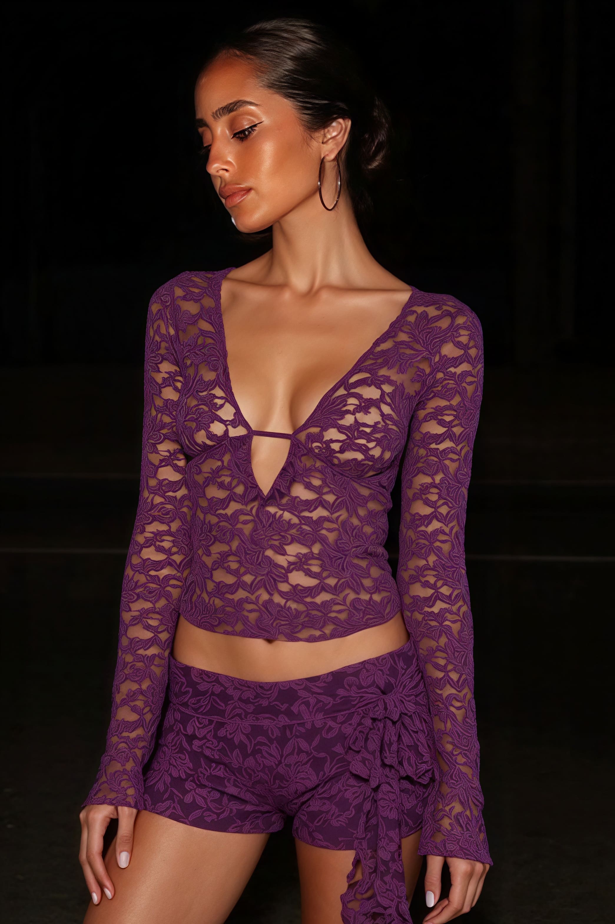 Sexy Lace Deep V Sheer Long Sleeve Blouse