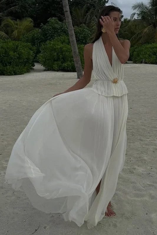 Vestito Boho con Top a Collo a Fascia Pieghettato