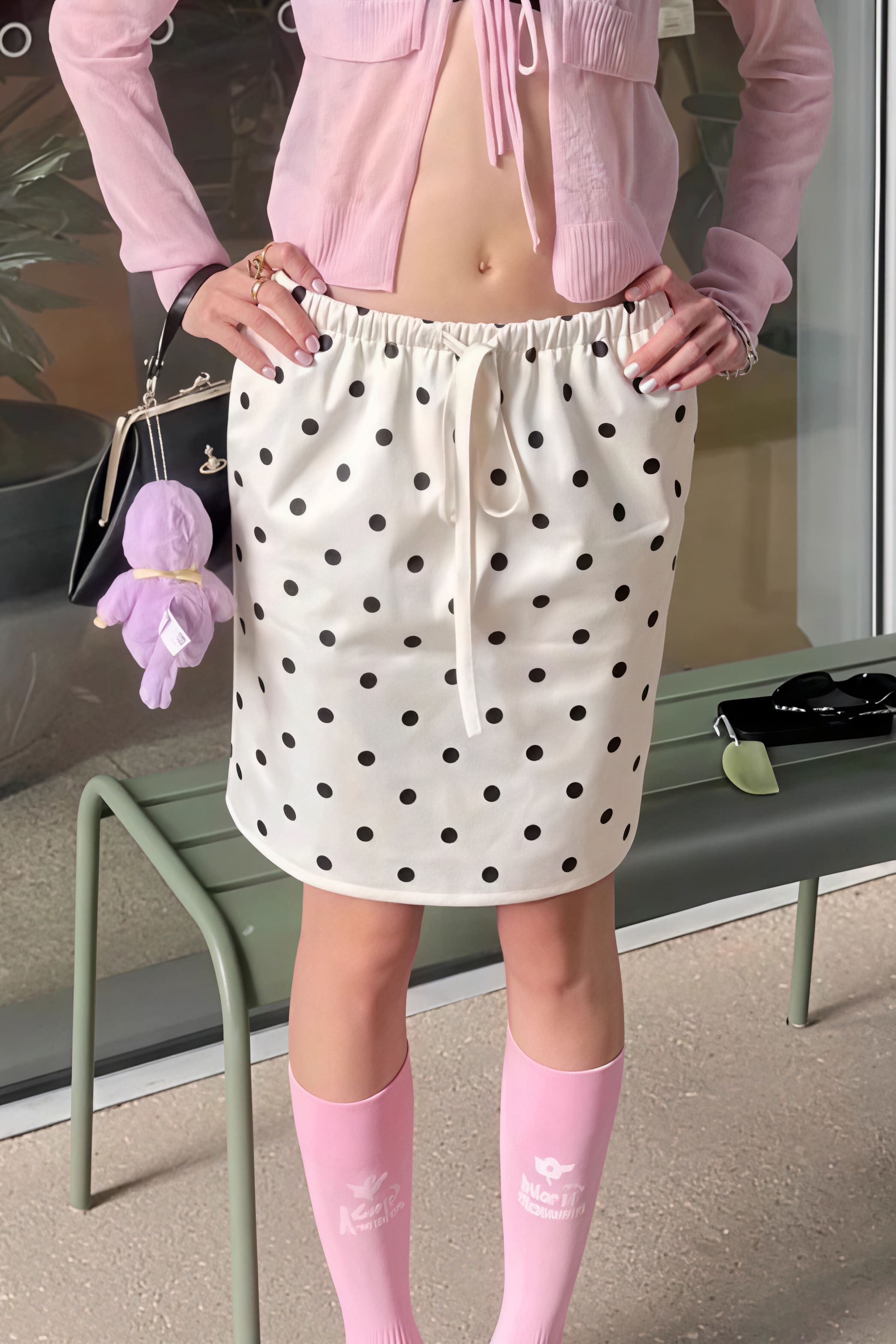 Vintage Satin Polka Dot Drawstring Midi Skirt