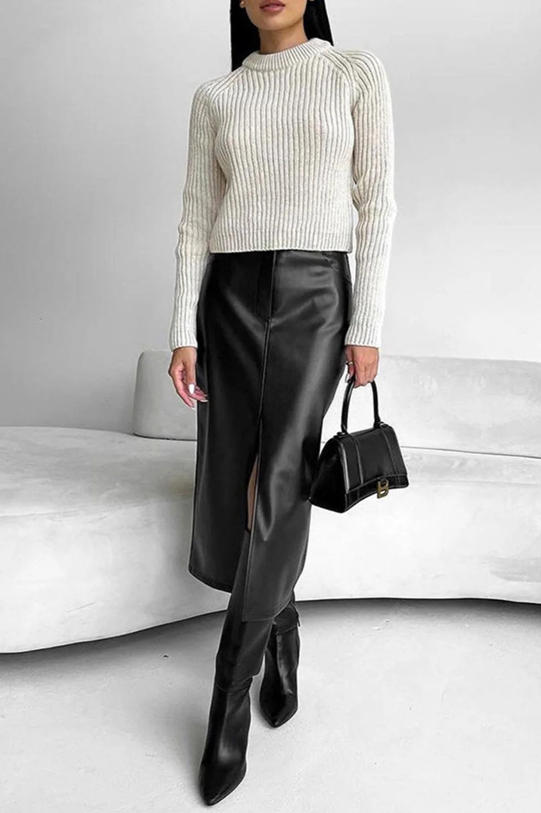 Vintage Leather High Waist Split Skirt