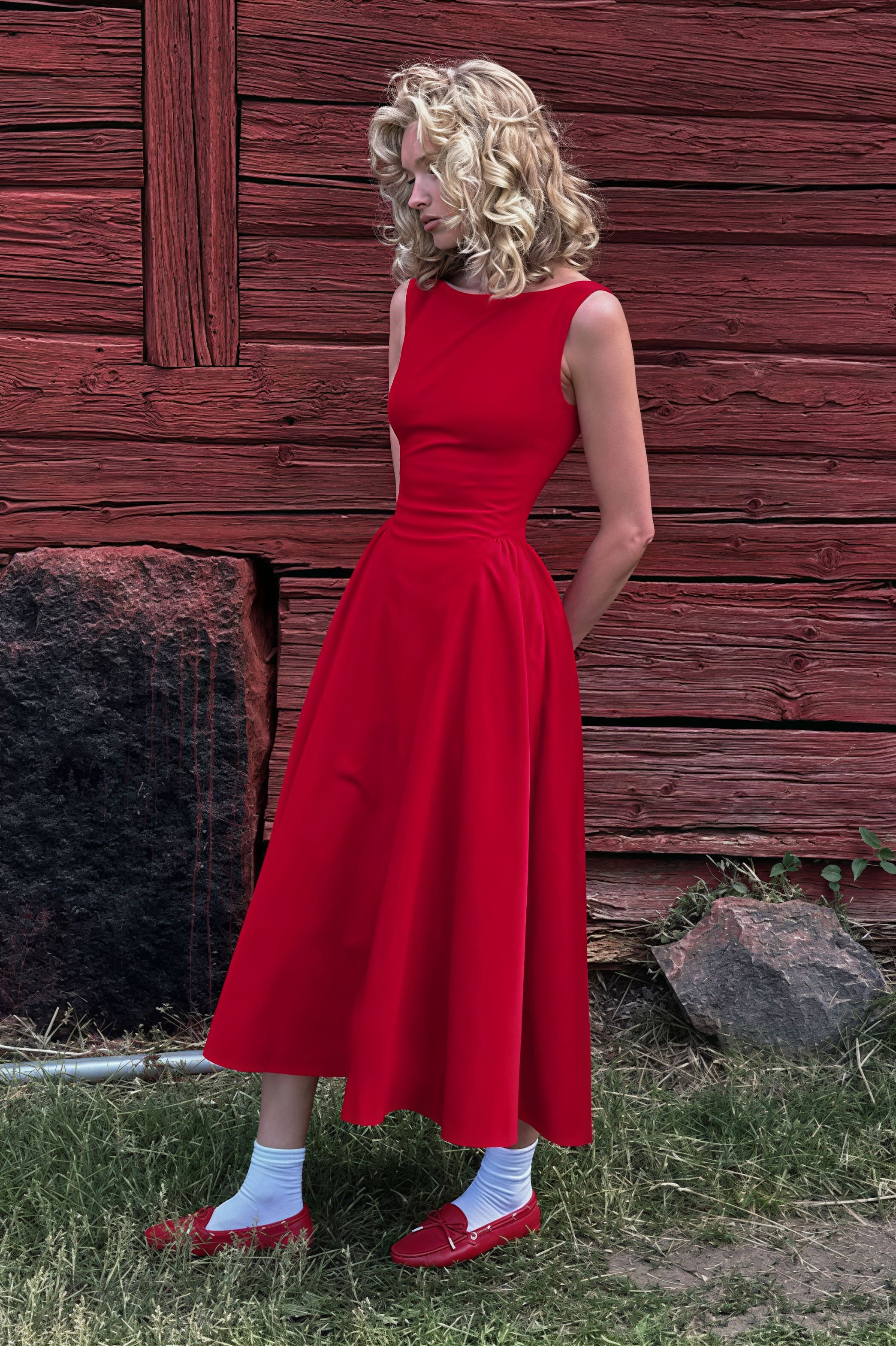 Vestido midi ajustado sin mangas sólido de moda con cintura