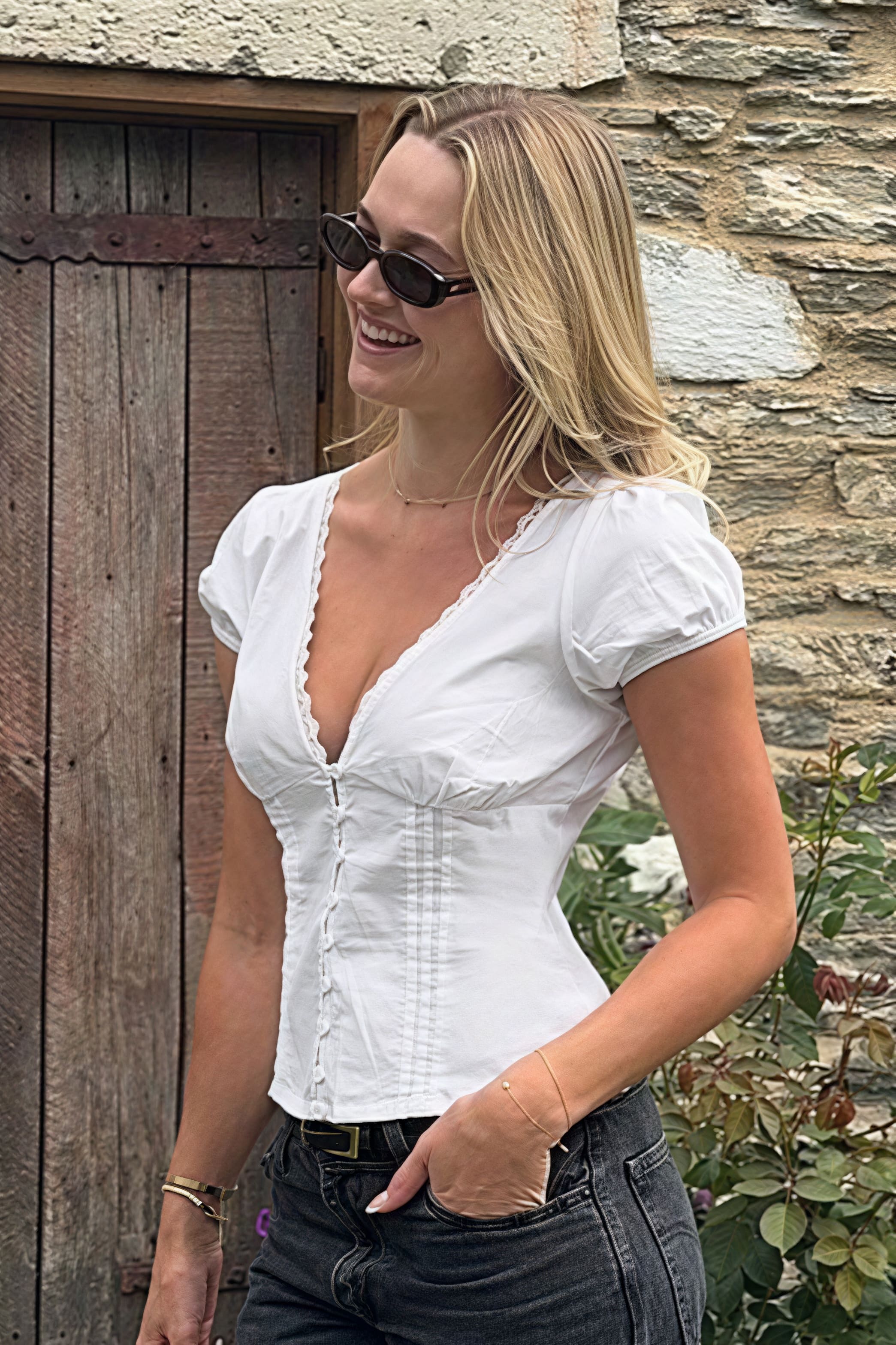 Lace Patchwork V Neck Puff Sleeve Blouse