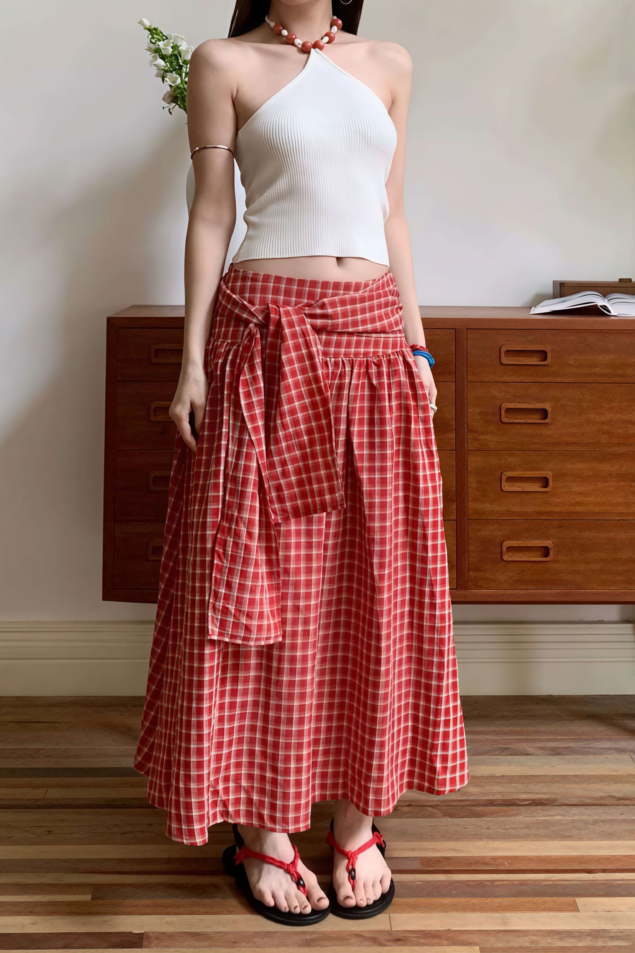 Color Block Plaid Tie Side Zip Loose Skirt