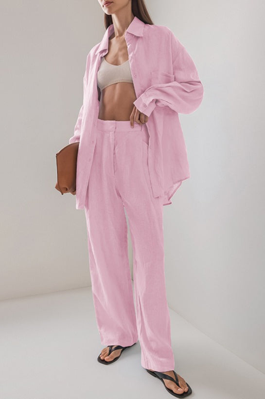 Leinen Lockeres Langarm-Hosen Zweiteiler-Set