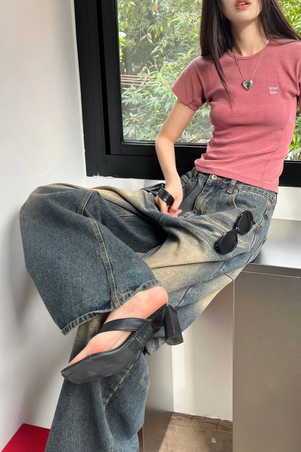 Vintage Washed Whisker Wide Leg Denim Jeans