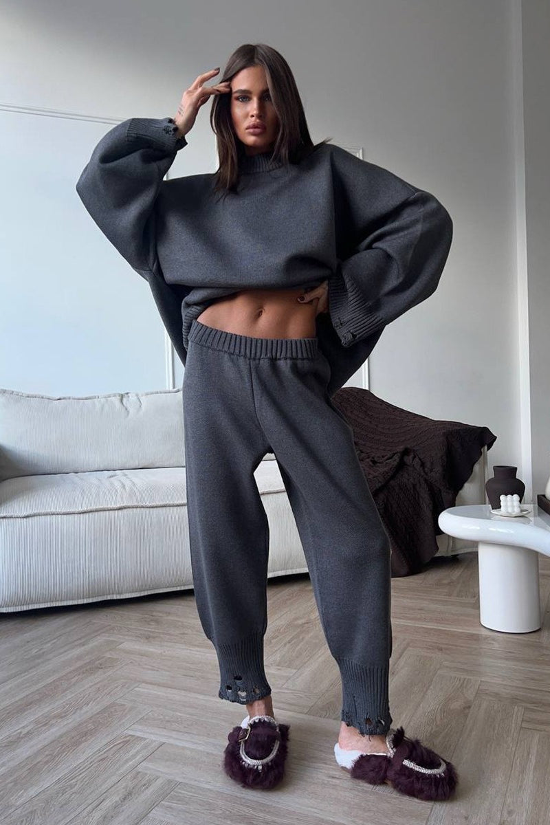 Solider grob gestrickter Pullover mit Rundhalsausschnitt, zweiteiliges Set