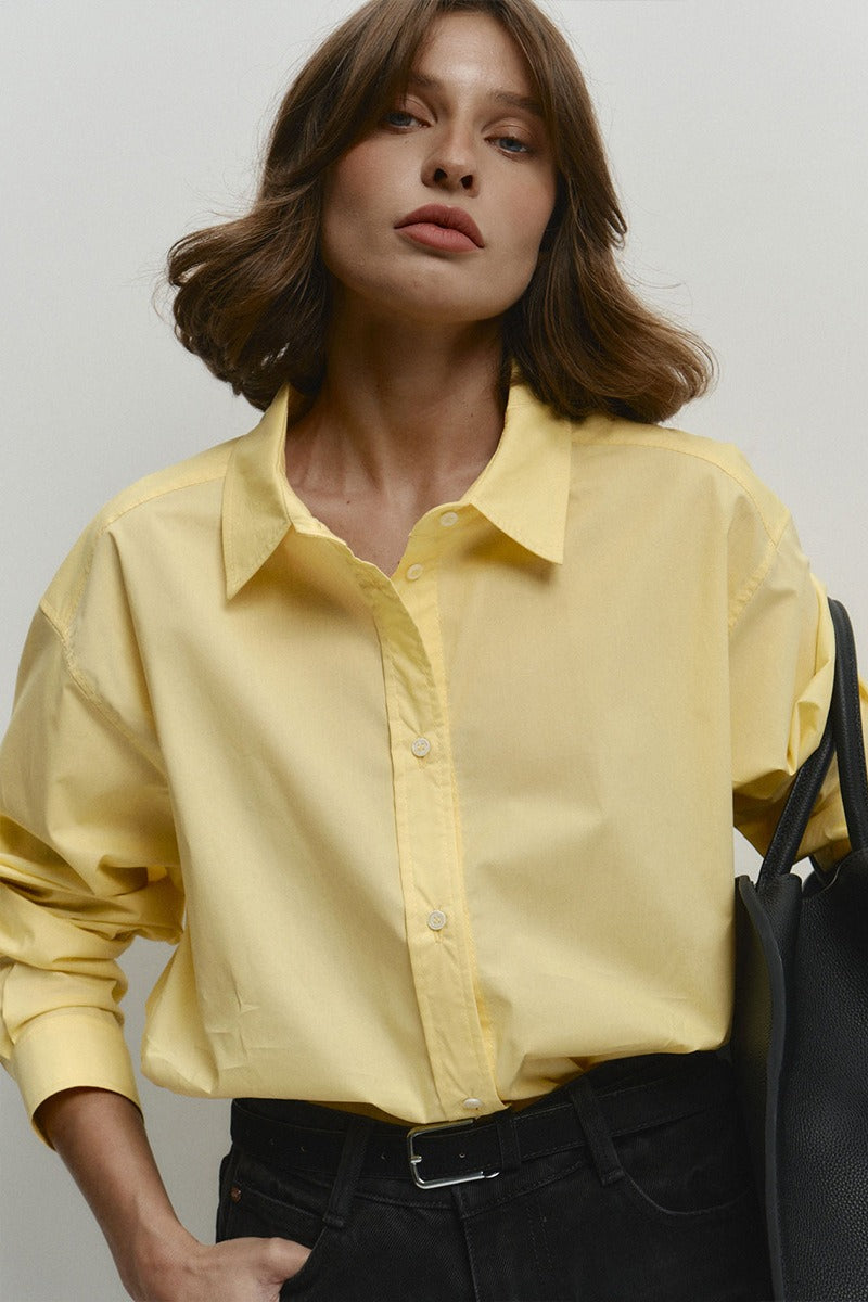 Cotton Yellow Button Down Loose Commuter Blouse