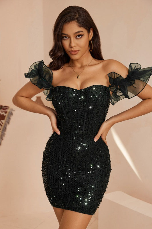 Vestido de Festa Mini Elegante com Paetês para Noite