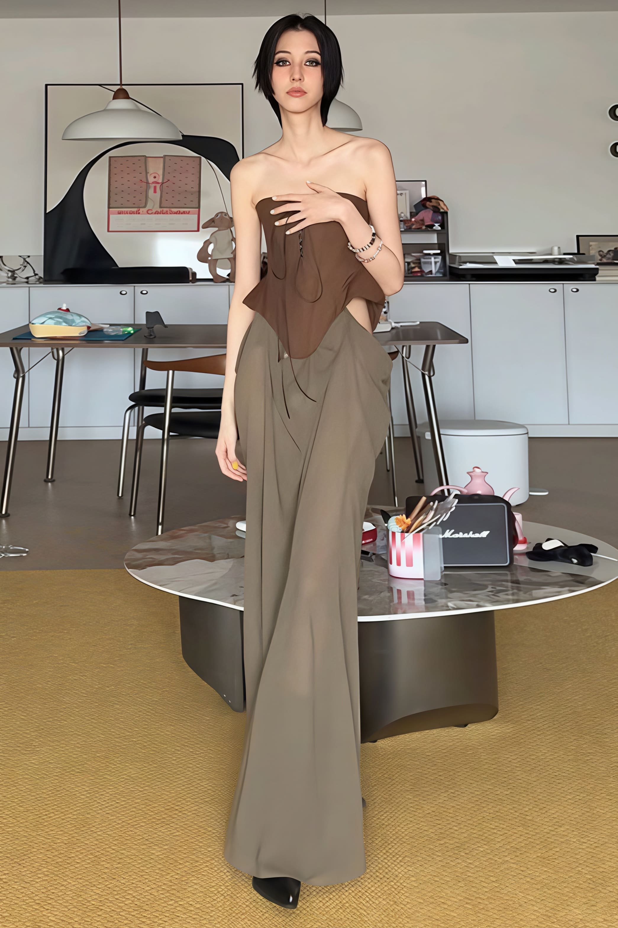 Abito lungo senza spalline a vita alta con blocchi di colore e cuciture a pezzi con laccio