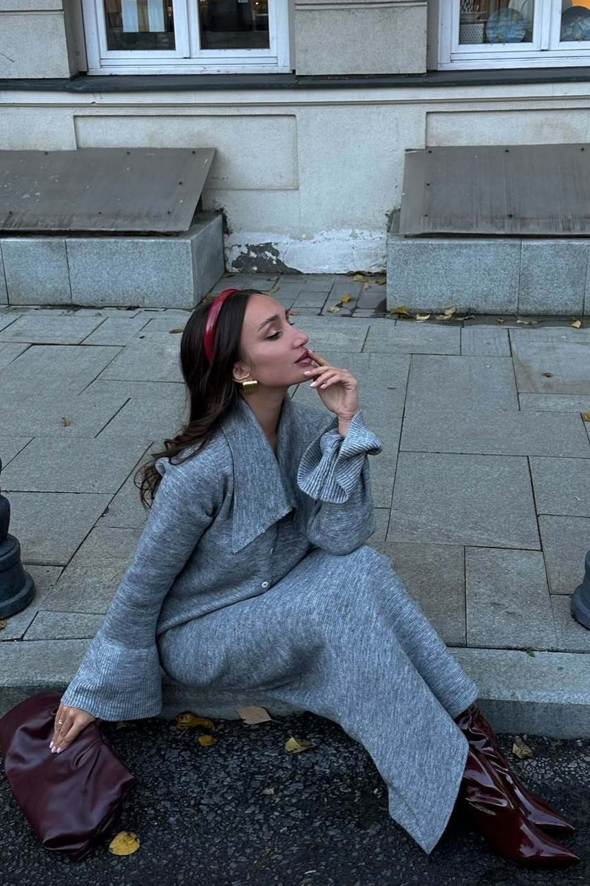 Bell-Sleeve Pink Polo Collar Cardigan Straight Skirt Two Piece Set