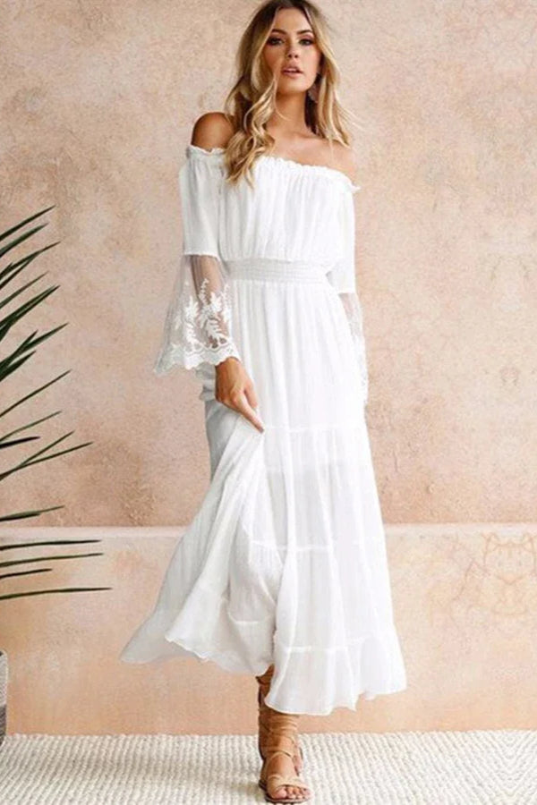 Kleid im Boho-Stil mit ausgestellten Ärmeln und schulterfreiem Ausschnitt