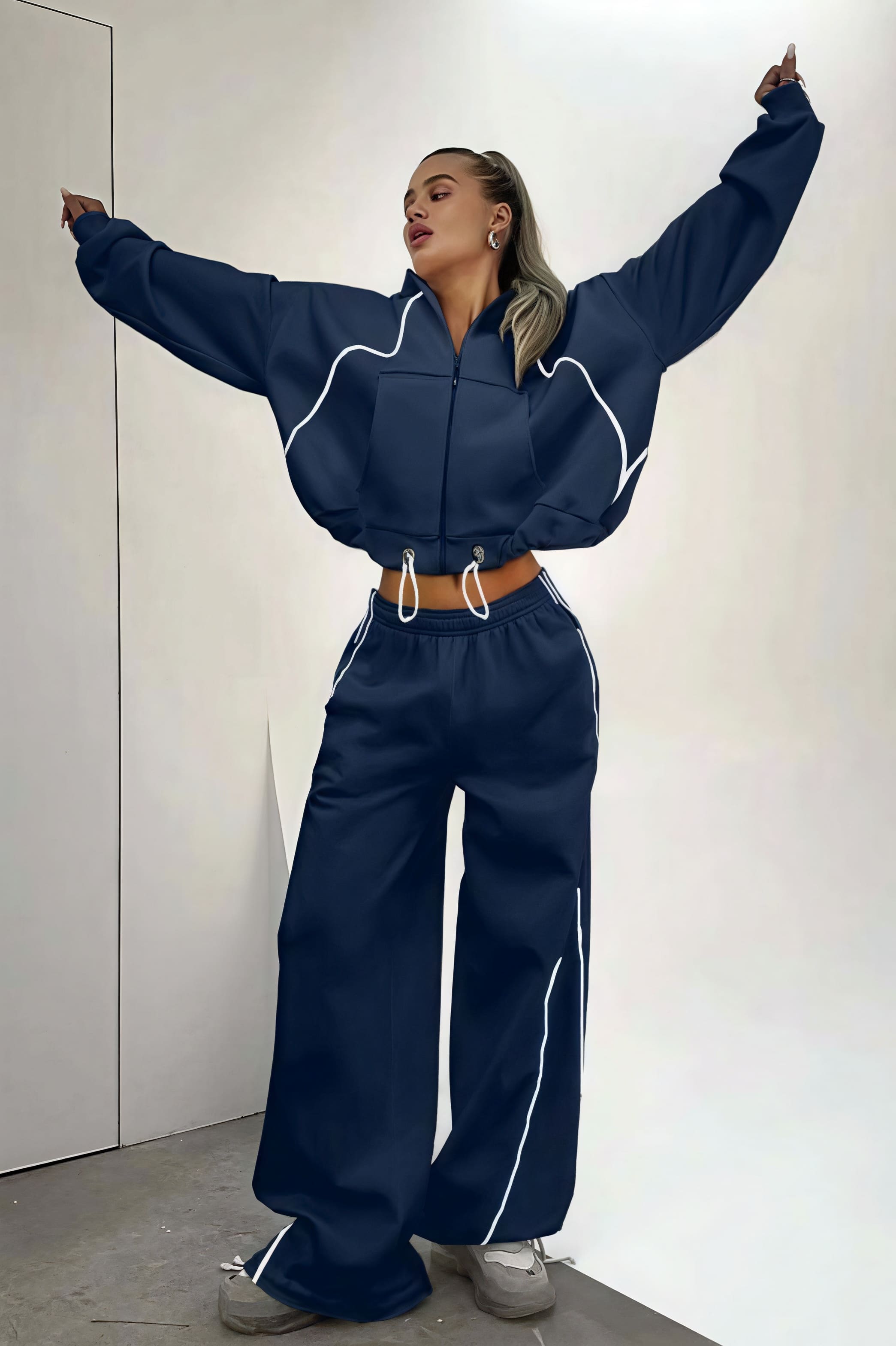 Farbblock Gestreifter Kapuzen-Reißverschluss Lockerer Zweiteiler