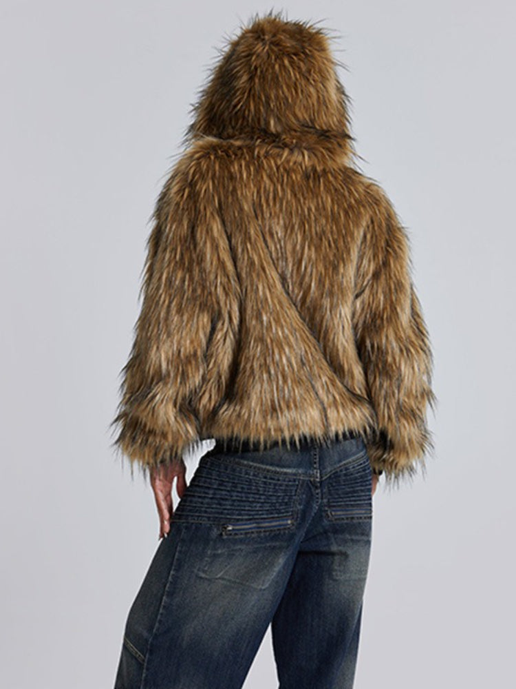 Manteau ample avec bouton métallique, fermeture éclair, fourrure et panneau en cuir