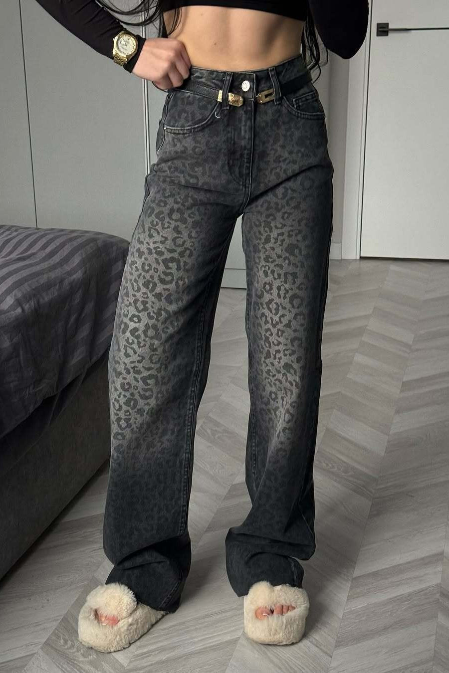 Black Grey Washed Leopard Print High Waist Jeans