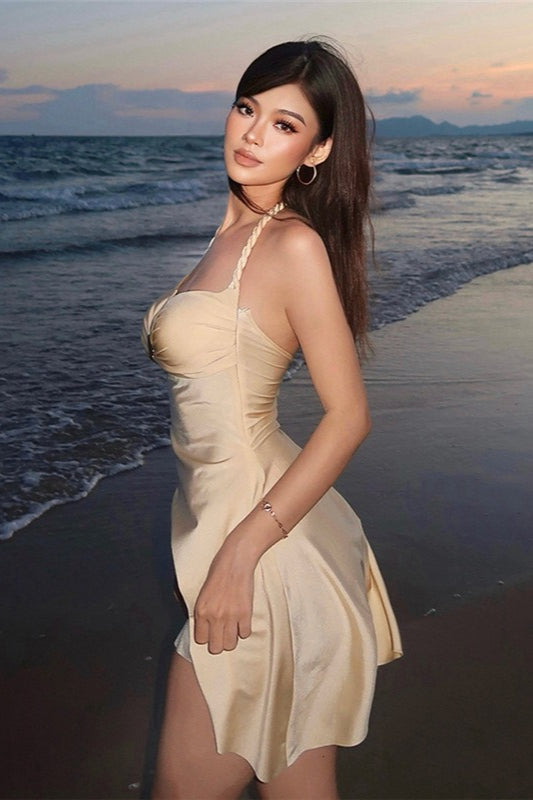 Solides Sexy Neckholder-Bandeau mit Taillierung Minikleid