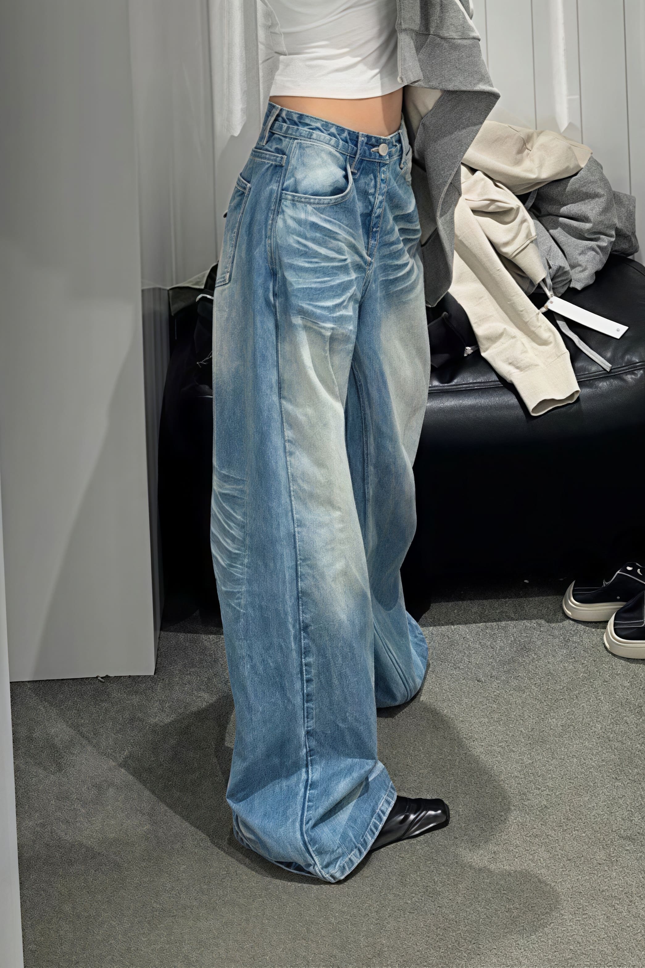 Creased Washed Floor-Length Straight Leg Jeans
