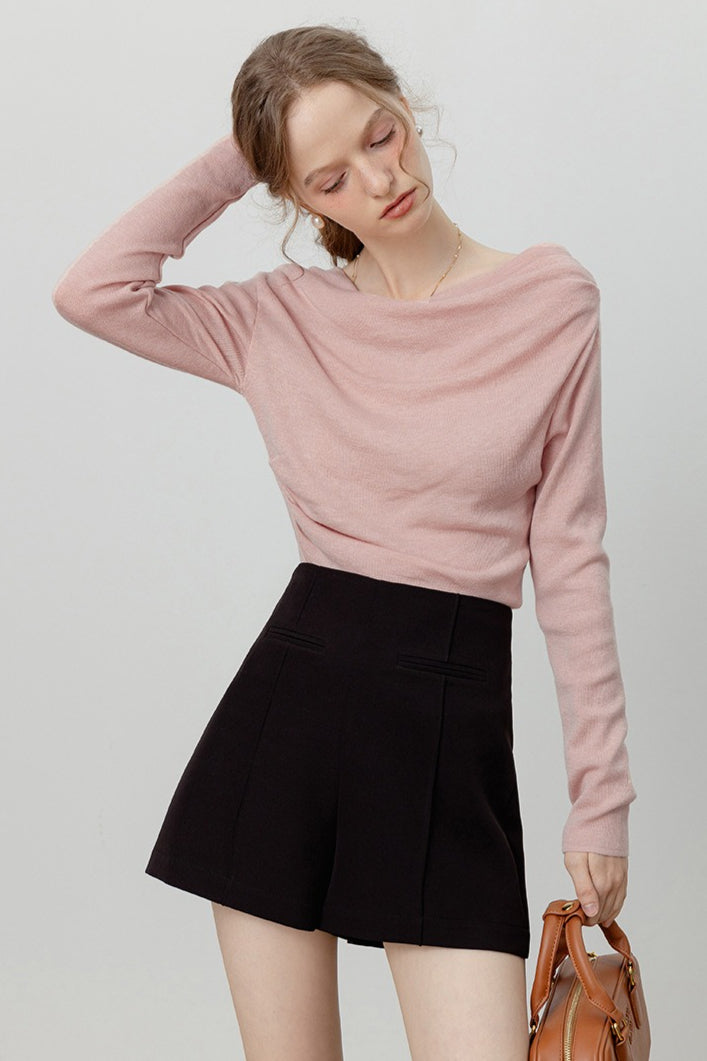 Chic Off Shoulder Tie Waist Cowl Neck Long Sleeve Tee