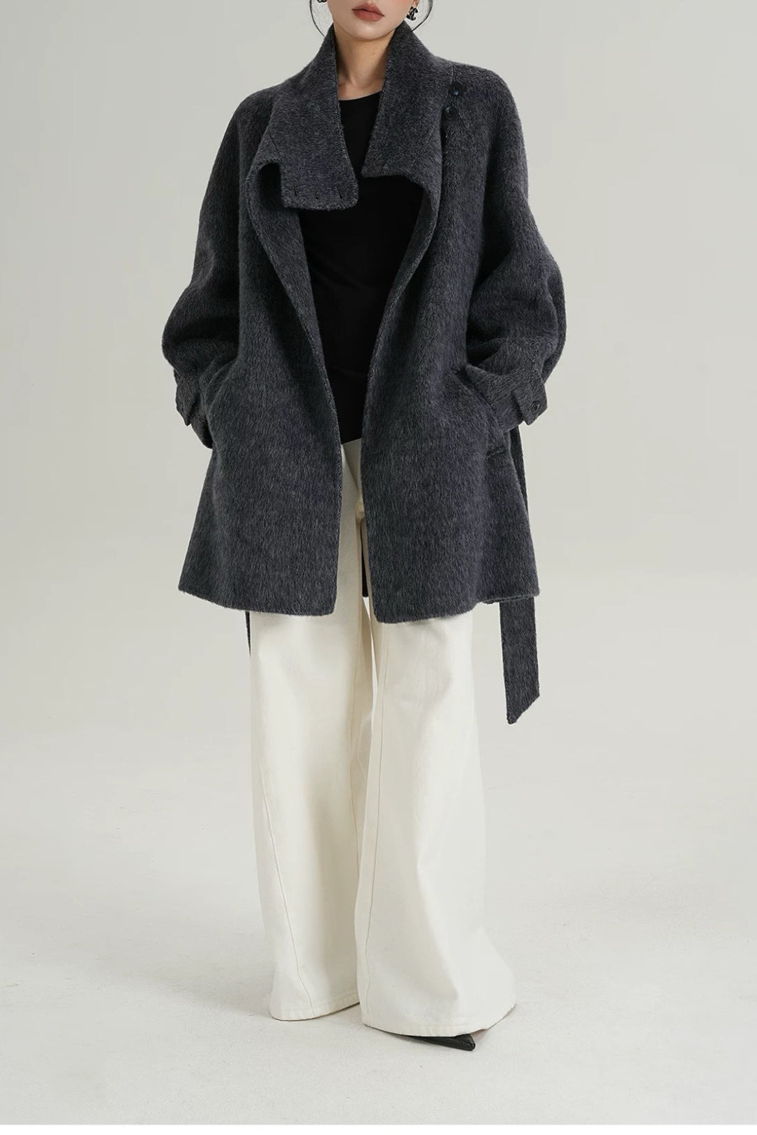 Abrigo suelto de lana sólida cálido con cuello alto simulado elegante