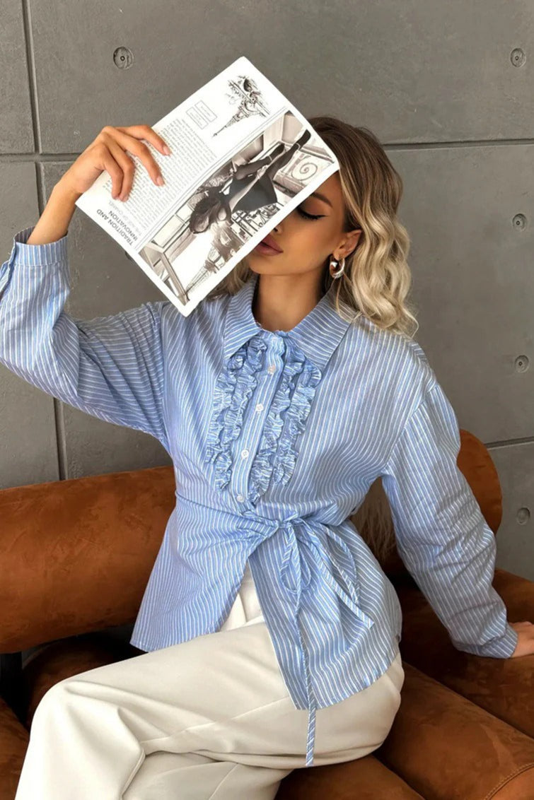 Ruffled Striped Tie Waist Blouse