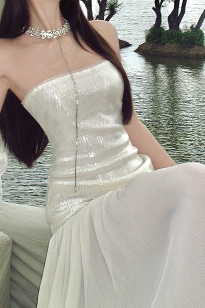 Pailletten-Patchwork Trägerloses Fließendes Maxikleid