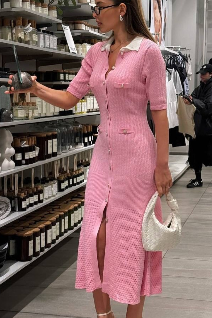 Single Breasted V Neck Knitted Slit Peter Pan Collar Midi Dress