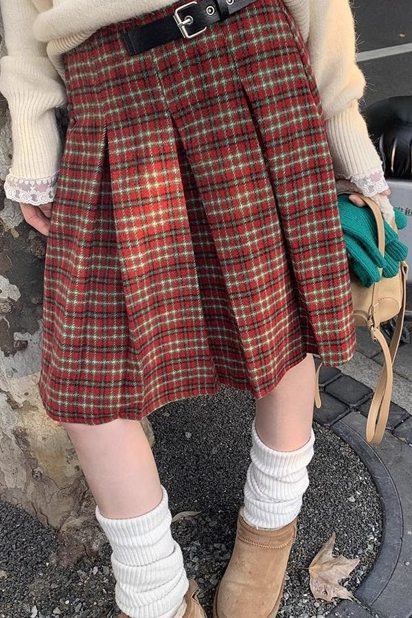 Plaid Wool Pleated Skirt