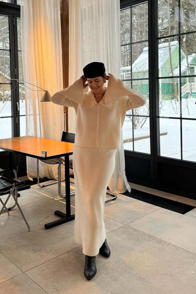 Bell-Sleeve Pink Polo Collar Cardigan Straight Skirt Two Piece Set