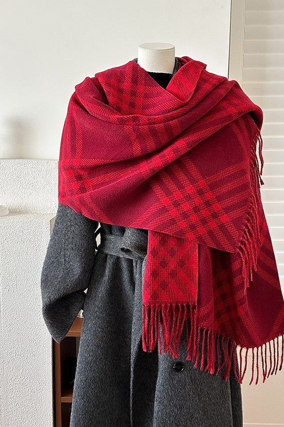 Double Faced Checkered Fringe Scarf