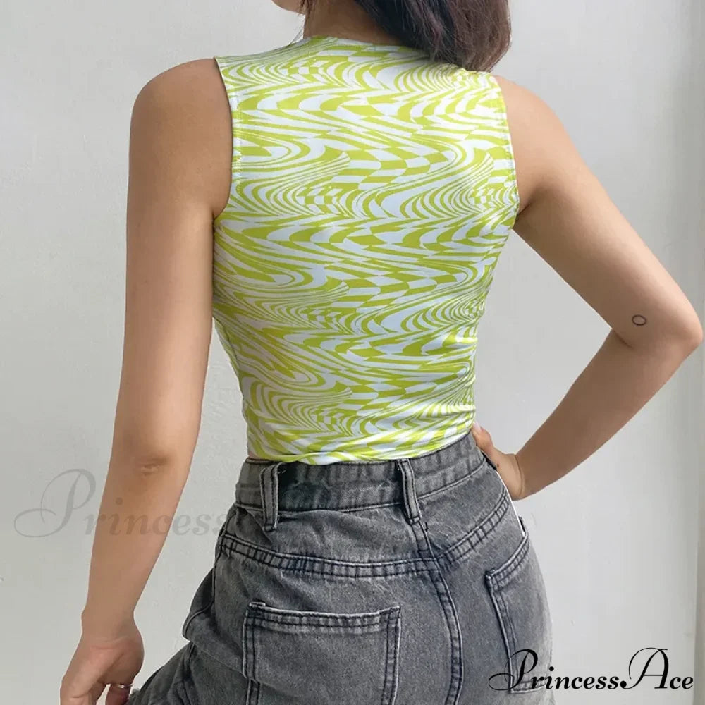 90s Aesthetics Striped Print Crops Summer Streetwear Sleeveless O-neck Green Baby Women Vests Tank top