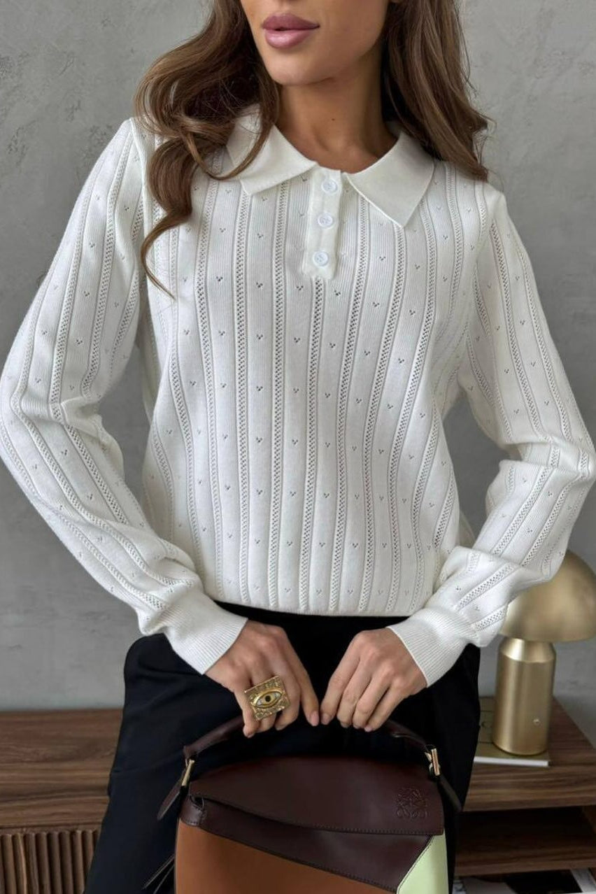 Jacquard Polo Collar Long Sleeve Loose Blouse